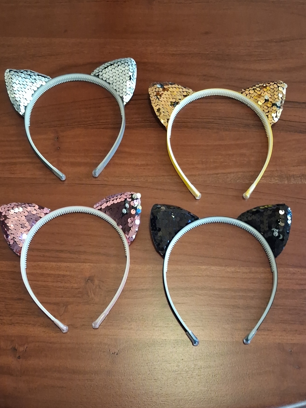 Set Of 4 Sequin Cat Ear Headbands - Silver, Gold, Pink, Black